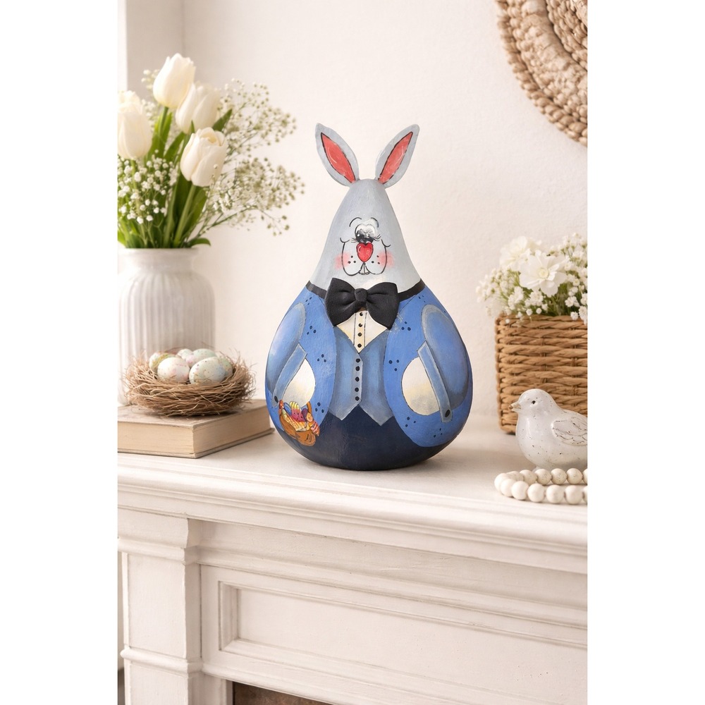 Hand Painted Gourd‎ Bunny Figurine Folk Art Rabbit Easter Decor Signed OOAK